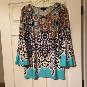 Melissa Page Bell-Sleeve Tunic in Turquoise, Navy and Brown Size Small
